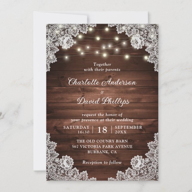 Rustic Wood Lace String Lights Wedding Invitation (Front)
