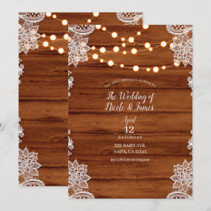 Rustic Wood Lace & String Lights Wedding Invitation