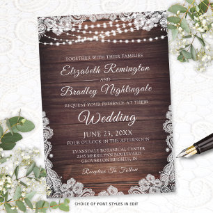 Rustic Wood Lace String Lights Wedding Invitation