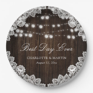 Rustic Wood Lace String Lights Wedding Paper Plate