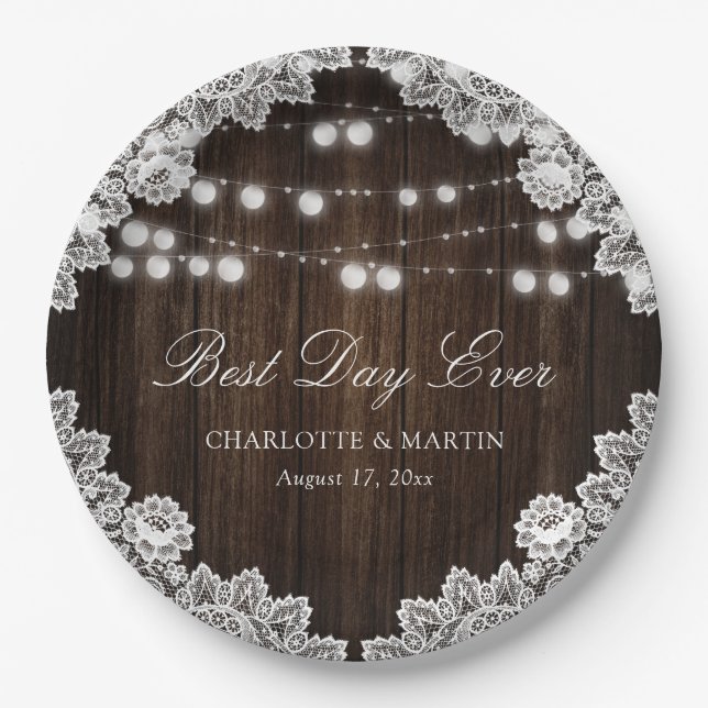 Rustic Wood Lace String Lights Wedding Paper Plate (Front)