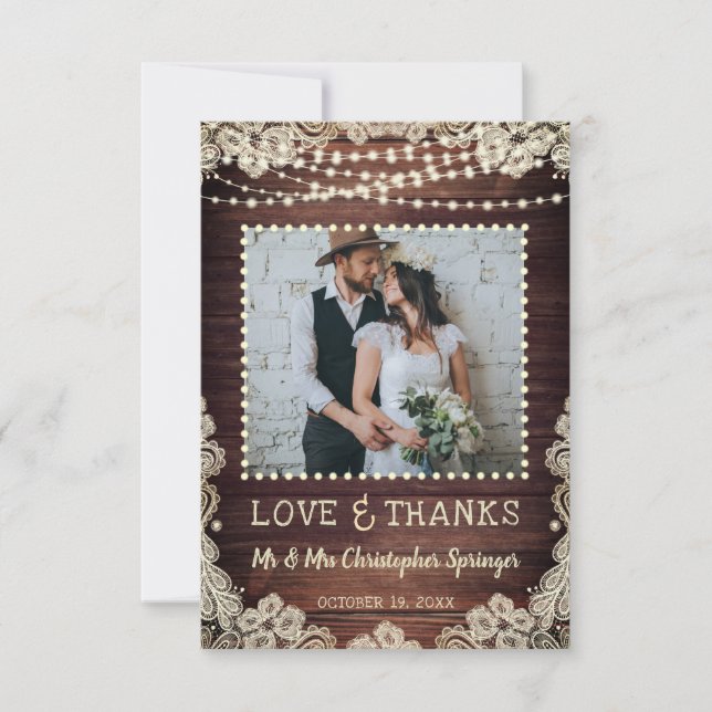 Rustic Wood Lace String Lights Wedding Thank You Card (Front)