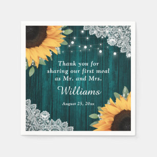 Rustic Wood Lace Sunflower and Teal Wedding Napkin
