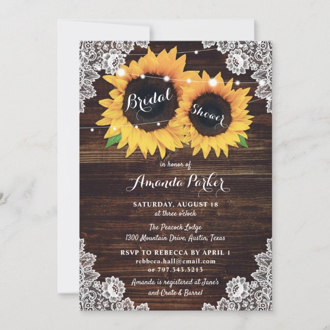 Rustic Wood Lace Sunflower Bridal Shower Invitation (Front)