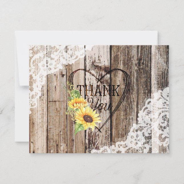 Rustic Wood Lace Sunflower Heart Etching Thank You (Front)