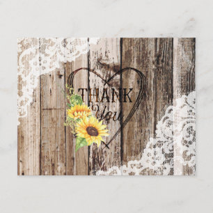 Rustic Wood Lace Sunflower Heart Etching Thank You Card