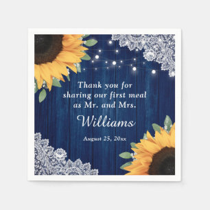 Rustic Wood Lace Sunflower Navy Blue Wedding Napkin