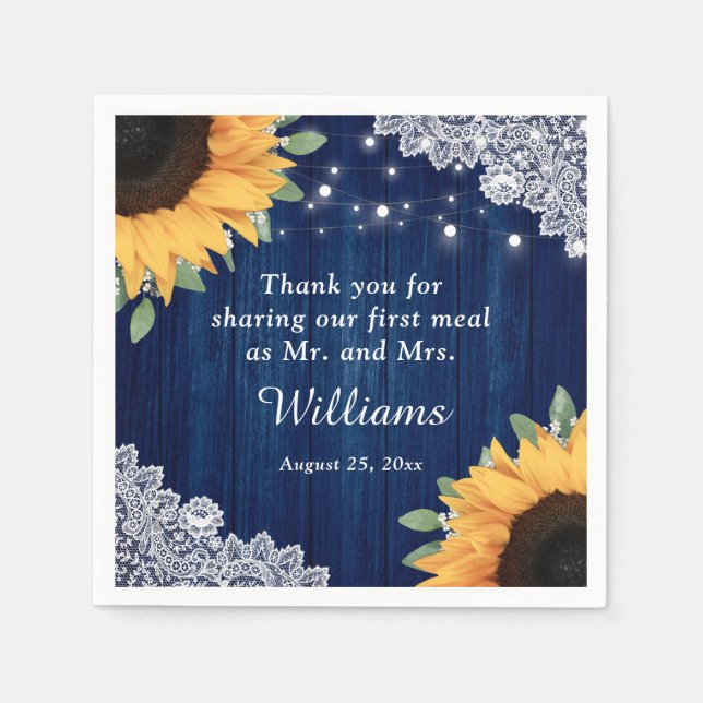 Rustic Wood Lace Sunflower Navy Blue Wedding Napkin (Front)