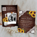 Rustic Wood Lace Sunflower Photo QR Code Wedding Invitation<br><div class="desc">Amaze your guests with this elegant all in one wedding invite featuring beautiful sunflowers and white lace on a rustic barn wood background with QR Code for online RSVP. Simply add your event details on this easy-to-use template and adorn this card with your favourite photo make it a unique personalised...</div>