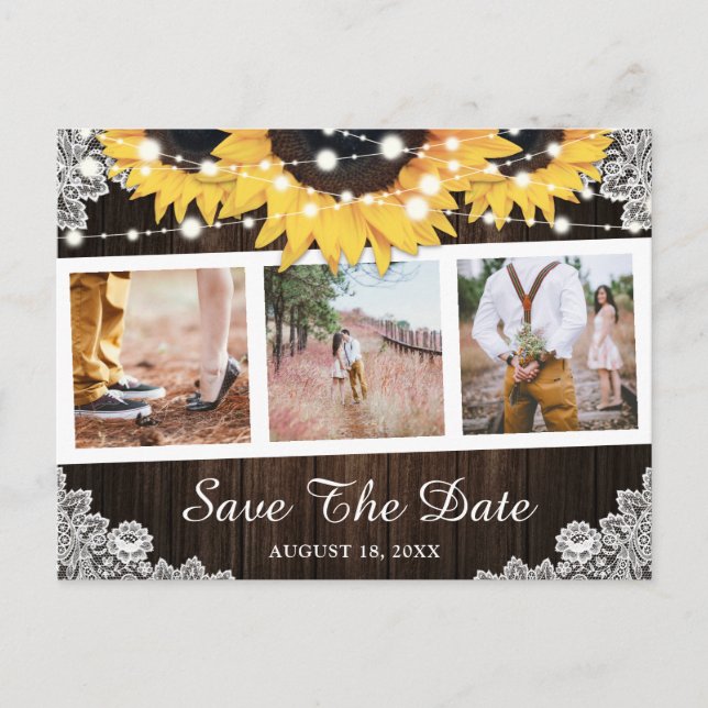 Rustic Wood Lace Sunflower Photo Save The Date Announcement Postcard (Front)