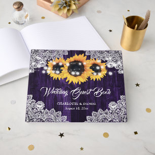 Rustic Wood Lace Sunflower Purple Wedding Guest Book