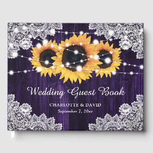 Rustic Wood Lace Sunflower Purple Wedding Guest Book