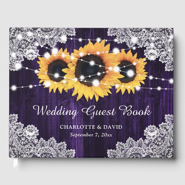Rustic Wood Lace Sunflower Purple Wedding Guest Book (Front)