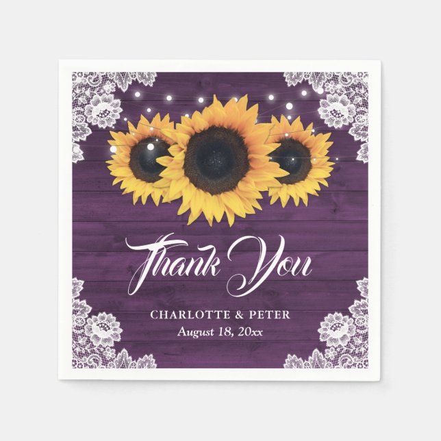 Rustic Wood Lace Sunflower Purple Wedding Napkin (Front)