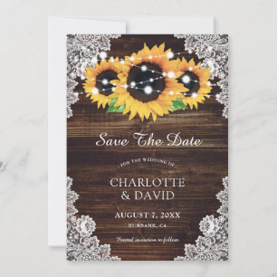 Rustic Wood Lace Sunflower Save The Date Cards