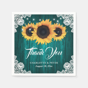 Rustic Wood Lace Sunflower Teal Wedding Napkin
