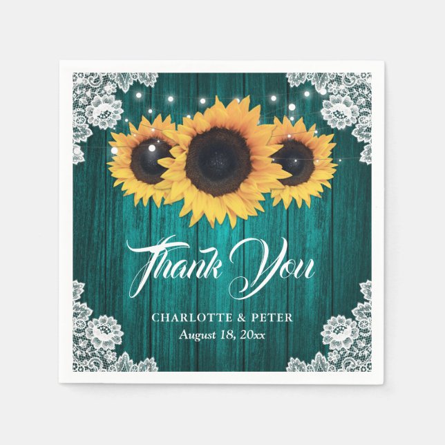 Rustic Wood Lace Sunflower Teal Wedding Napkin (Front)