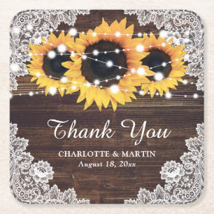 Rustic Wood Lace Sunflower Wedding Coasters