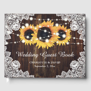 Rustic Wood Lace Sunflower Wedding Guest Book