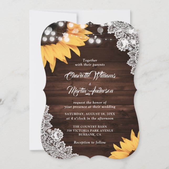 Rustic Wood Lace Sunflower Wedding Invitation (Front)