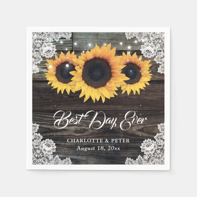 Rustic Wood Lace Sunflower Wedding Paper Napkins (Front)