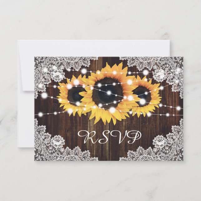 Rustic Wood Lace Sunflower Wedding RSVP Card (Front)