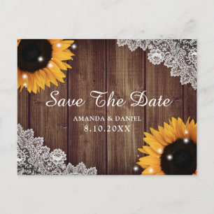 Rustic Wood Lace Sunflower Wedding Save The Date Postcard