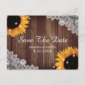Rustic Wood Lace Sunflower Wedding Save The Date Postcard