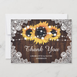 Rustic Wood Lace Sunflower Wedding Thank You Card