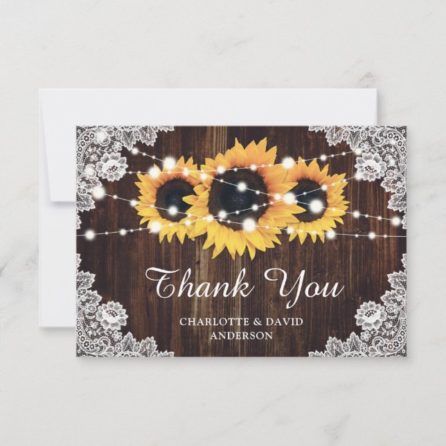 Rustic Wood Lace Sunflower Wedding Thank You Card (Front)