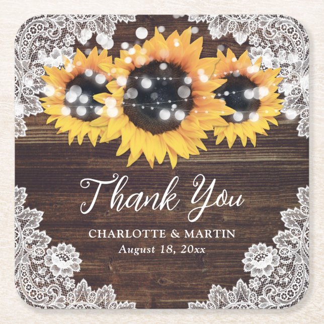 Rustic Wood Lace Sunflower Wedding Thank You Square Paper Coaster (Front)