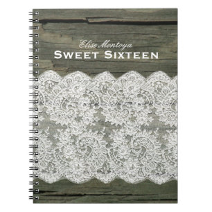 Rustic Wood Lace Sweet Sixteen Personalised Notebook