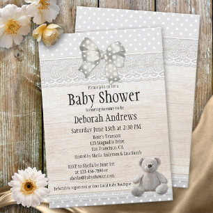 Rustic Wood Lace Teddy Bear Baby Shower Invitation