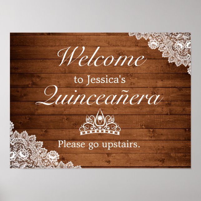 Rustic Wood & Lace Tiara Quinceanera Welcome Sign (Front)