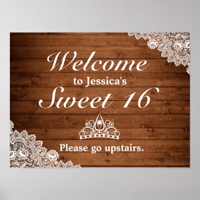 Rustic Wood & Lace Tiara  Sweet 16 Welcome Sign (Front)