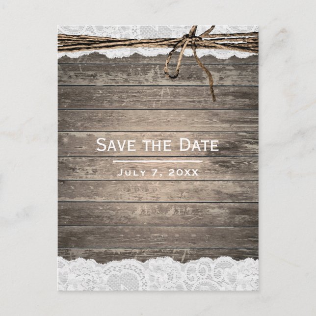 Rustic Wood Lace Twine Barn Wedding Save the Date Announcement Postcard (Front)