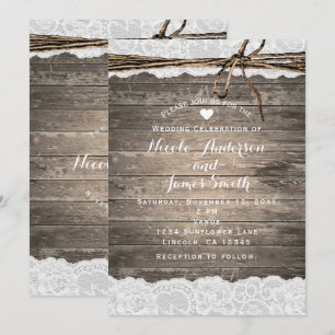 Rustic Wood Lace & Twine Romantic Barn Wedding Invitation