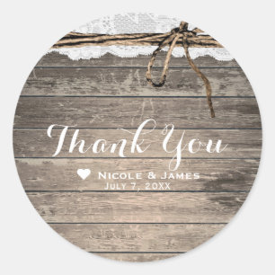 Rustic Wood Lace & Twine Romantic Wedding Favour Classic Round Sticker