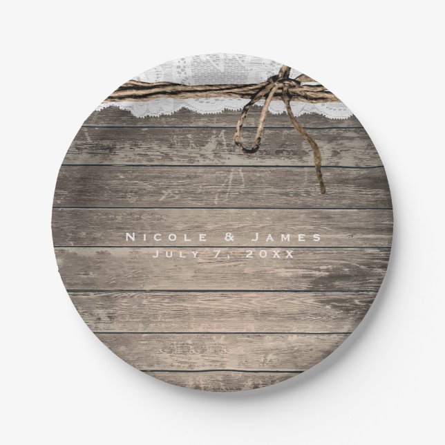 Rustic Wood Lace  Twine Romantic Wedding Reception Paper Plate (Front)