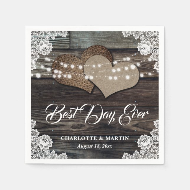 Rustic Wood Lace Two Burlap Hearts Wedding Napkin (Front)