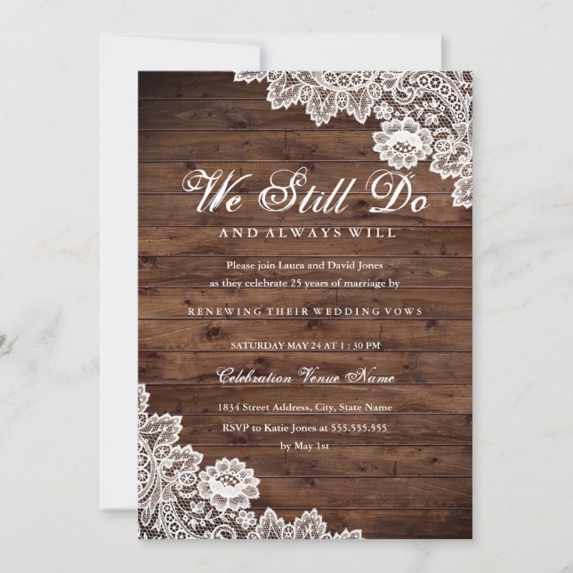 Rustic Wood Lace Vow Renewal Anniversary Invitation (Front)