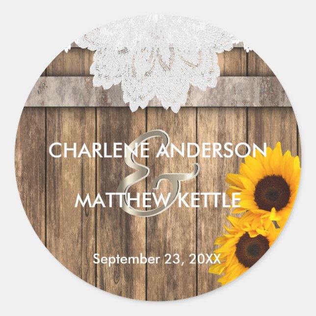 Rustic Wood & Lace Wedding Classic Round Sticker (Front)