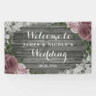Rustic Wood Lace Wedding Floral Pink Grey Backdrop Banner