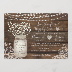 Rustic Wood Lace Wedding Invitation, Mason Jar Invitation