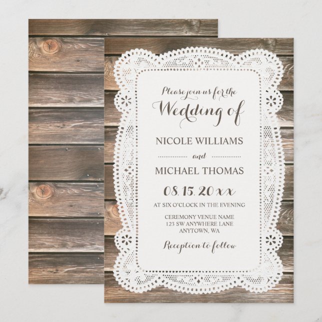 Rustic Wood Lace Wedding Invitations (Front/Back)