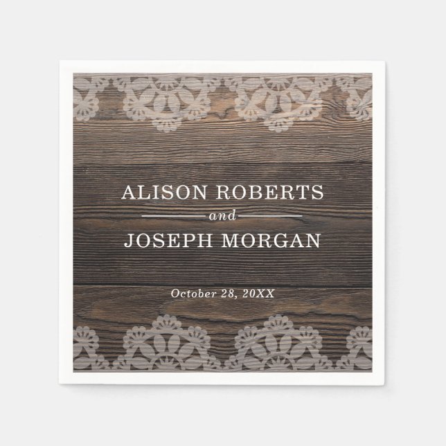 Rustic Wood Lace Wedding Napkin (Front)