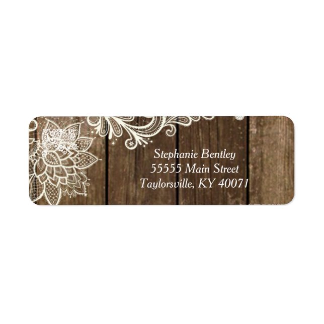 Rustic Wood Lace Wedding Return Address Label (Front)