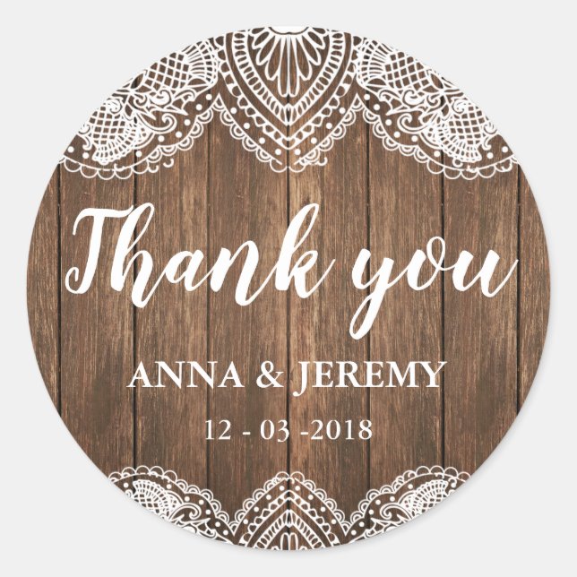 Rustic Wood Lace Wedding Sticker (Front)