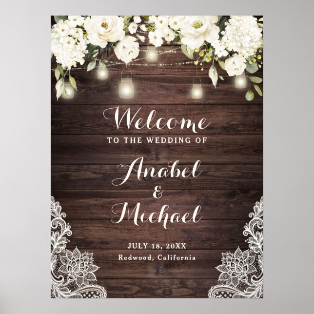 Rustic Wood Lace White Flower Wedding Welcome Sign (Front)