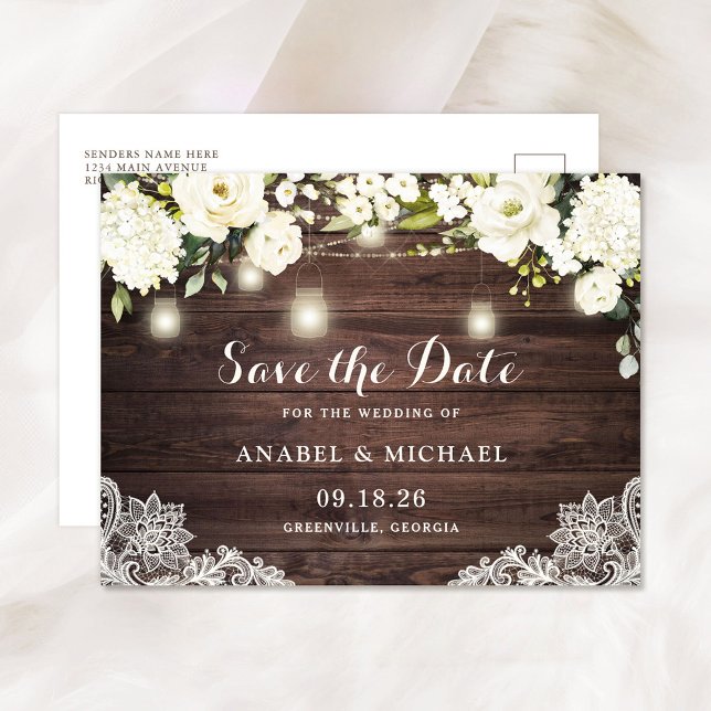 Rustic Wood Lace White Flowers Save the Date Announcement Postcard (Creator Uploaded)